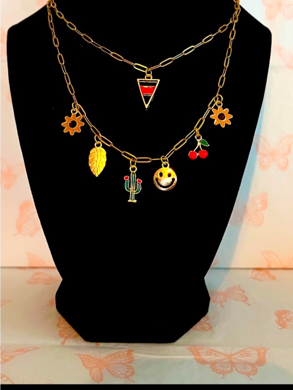 Boho Y2K colored Gold Layered Charm Necklace Red Triangle Cherry Jewelry